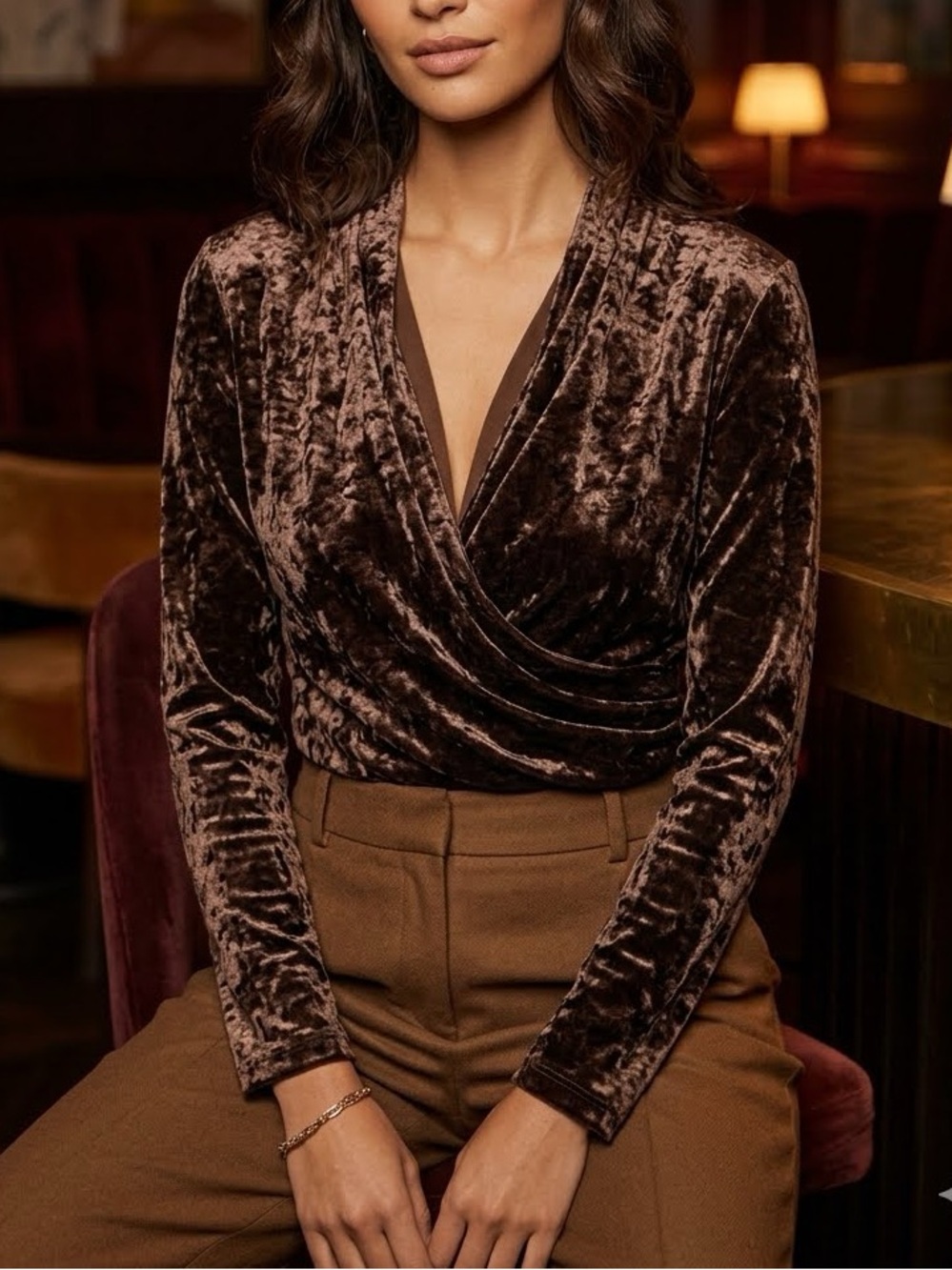 Vintage Carole Little Brown Velvet Faux Wrap Long Sleeve Top Medium